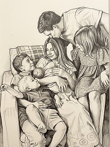 A pencil drawing of our family piled together on the sofa